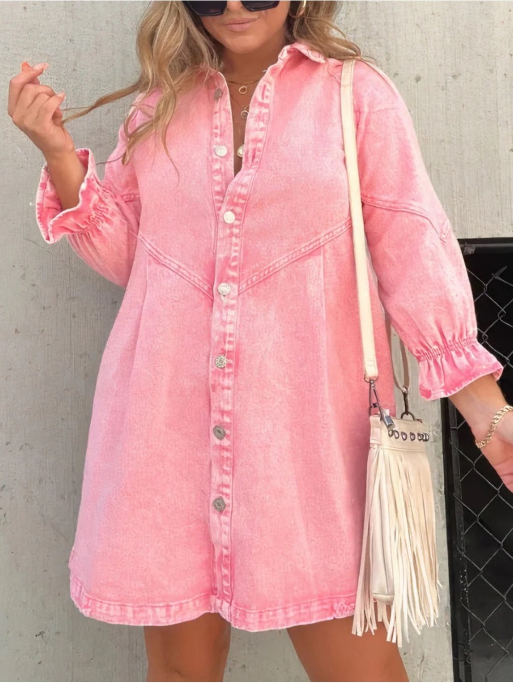 Pink Denim Button-Front Shirt Dress